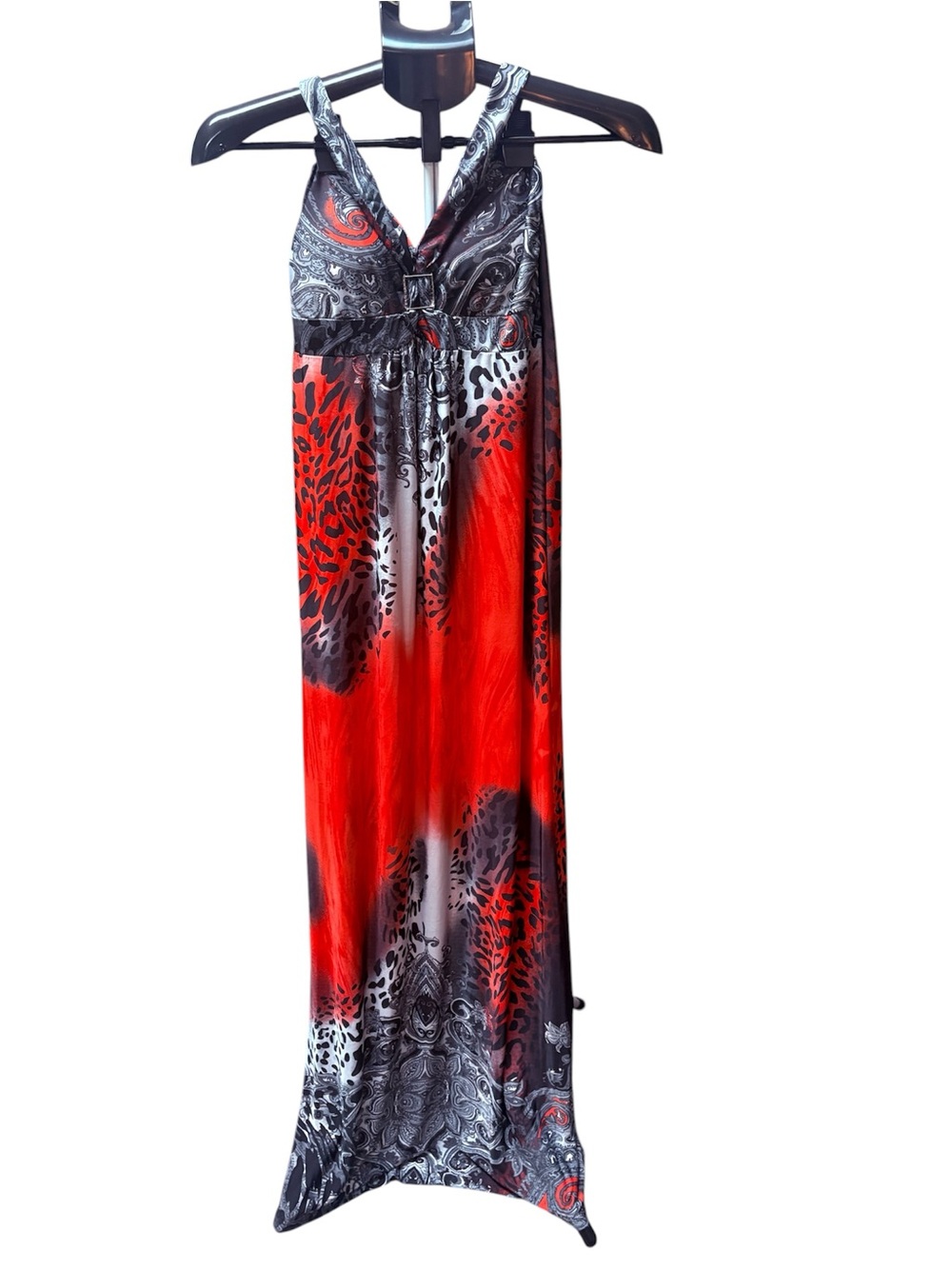 Red and Black Sleeveless Maxi Dress with Paisley & Animal Print, M